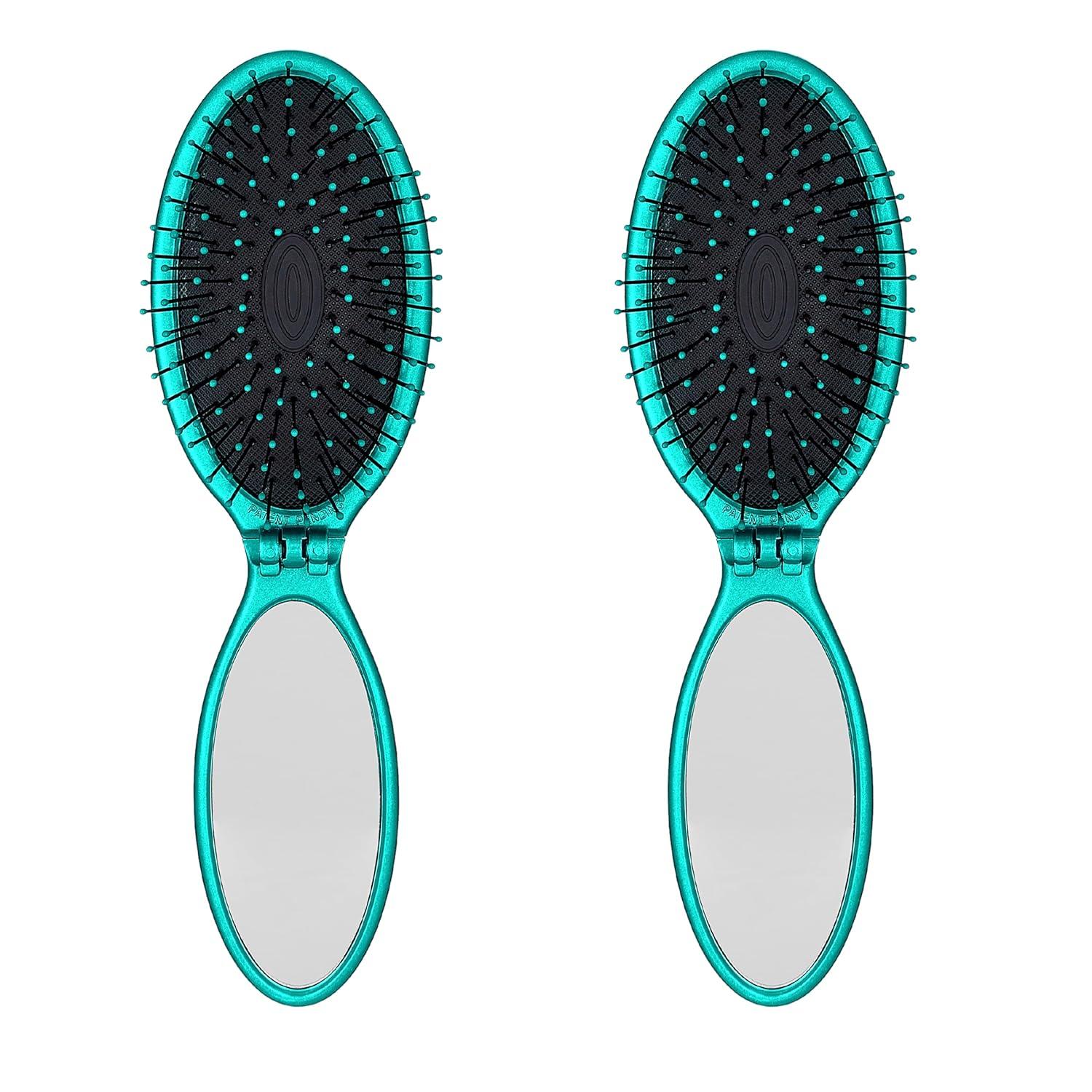 imageWet Brush Pop Go Detangler Blue Teal  Foldable OnTheGo Design Travel Brush Ultrasoft IntelliFlex Bristles Detangling Hairbrush BuiltIn Mirror Handle Wet ampamp Dry All Hair Types Pack of 2Teal