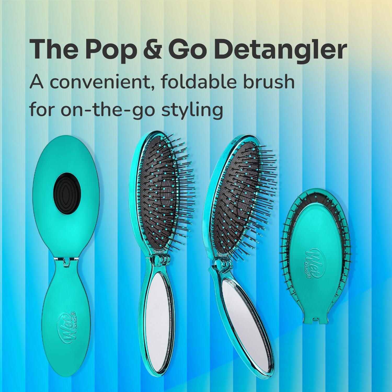 imageWet Brush Pop Go Detangler Blue Teal  Foldable OnTheGo Design Travel Brush Ultrasoft IntelliFlex Bristles Detangling Hairbrush BuiltIn Mirror Handle Wet ampamp Dry All Hair Types Pack of 2Teal
