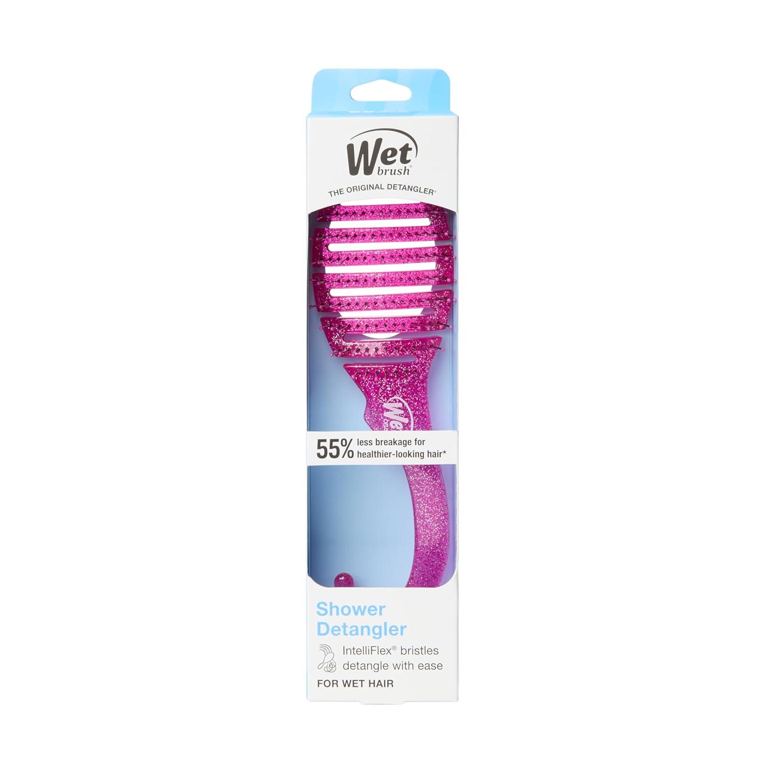 imageWet Brush Shower Hair Brush Detangler  Exclusive Ultrasoft IntelliFlex Bristles  Minimizes Pain And Protects Against Split Ends ampamp Breakage  Comb For Women Men Wet ampamp Dry Hair  Green GlitterPink Glitter