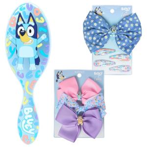 Wet Brush Bluey Kids Midi Hair Brush, Limited Edition, Orange + Goody x Bluey Multicolor Floral Bow Barrette and Snap Clips 5ct + Multicolor Bow Barrettes 3ct Blue, Pink & Purple
