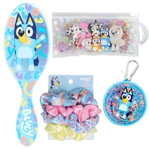 Wet Brush Bluey Kids Midi Hair Brush, Limited Edition, Orange + Goody x Bluey Satin Scrunchies 4ct + Hair Ponytailers in Bluey Character 10ct + Hair Polybands in Bluey, Bingo & Characters Pouch 300ct