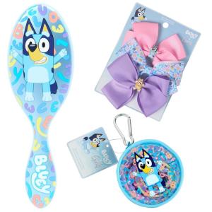 Wet Brush Bluey Kids Midi Hair Brush, Limited Edition, Orange + Goody x Bluey & Bingo Multicolor Bow Barrettes 3ct + Multicolor Hair Ponytailers in Bluey Character Pouch 10ct