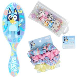 Wet Brush Bluey Kids Midi Hair Brush,Limited Edition, Orange + Goody x Bluey Multicolor Satin Scrunchies 4ct + Multicolor Hair Polybands in Bluey, Bingo & Characters Pouch 300ct, For All Hair Types