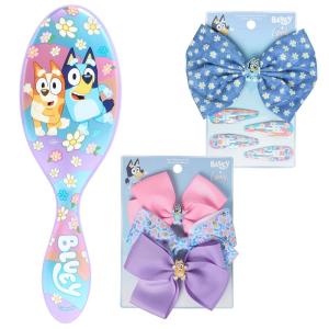Wet Brush Bluey & Bingo Kids Midi Hair Brush Limited Edition, Purple + Goody x Bluey Multicolor Floral Bow Barrette and Snap Clips 5ct + Multicolor Bow Barrettes 3ct Blue, Pink & Purple