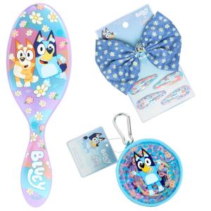 Wet Brush Bluey & Bingo Kids Midi Hair Brush, Limited Edition, Purple + Goody x Bluey Multicolor Hair Ponytailers in Bluey Character Pouch 10ct + Multicolor Floral Bow Barrette and Snap Clips 5ct