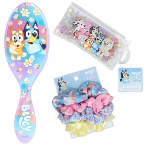 Wet Brush Bluey & Bingo Kids Midi Hair Brush, Limited Edition, Purple + Goody x Bluey Multicolor Satin Scrunchies 4ct + Multicolor Hair Polybands in Bluey, Bingo & Characters Pouch 300ct